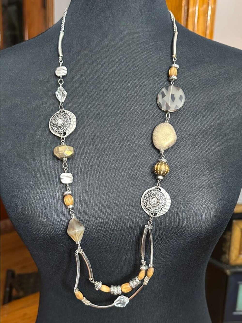 Chico's Necklace Jewelry Statement 36" Adjustable Silver Tone Brown Long